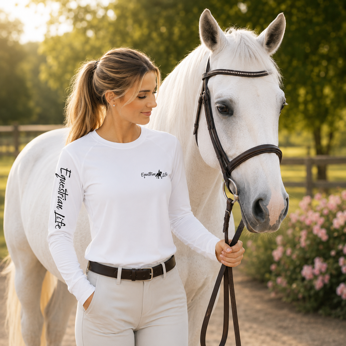 Bricole Reincke, President of Equestrian Life ,wearing white Dressage Sunshirt.