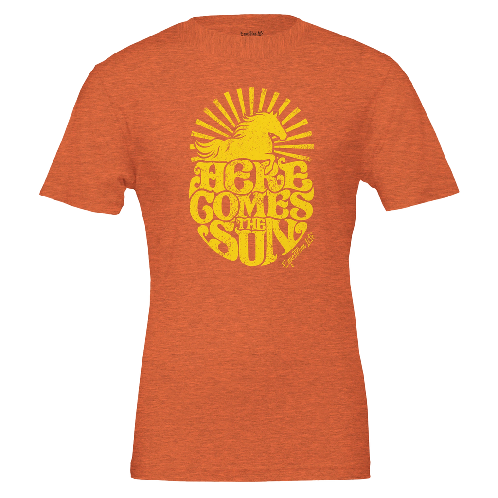 Here Comes the Sun Horse Tee (Orange), an original equestrian lifestyle design by Bricole Reincke for Equestrian Life®.