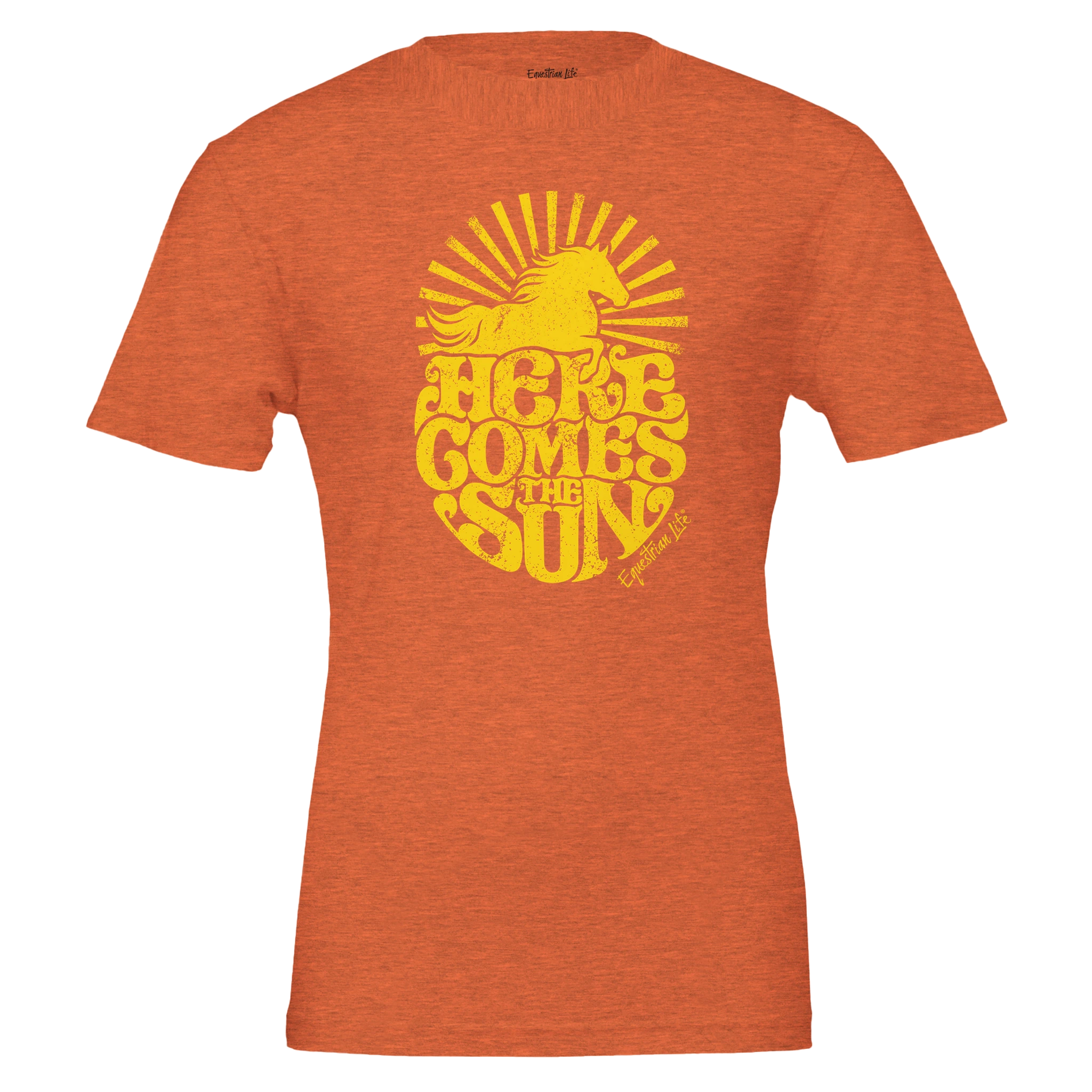 Here Comes the Sun Horse Tee (Orange), an original equestrian lifestyle design by Bricole Reincke for Equestrian Life®.
