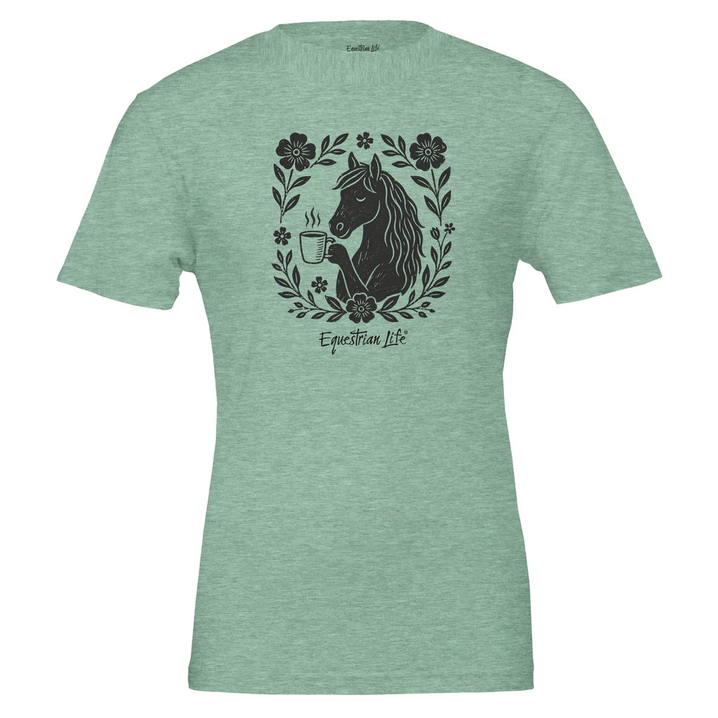 Horse Drinking Coffee Tee designed by Bricole Reincke for Equestrian Life®.