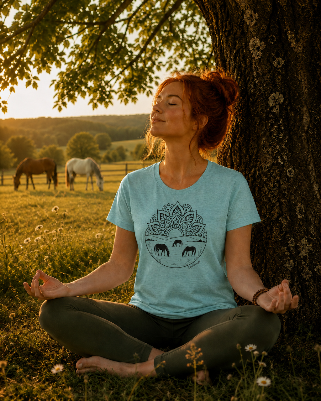Equestrian Life Mandala Horse Pasture Tee in Ice Blue, designed by Bricole Reincke