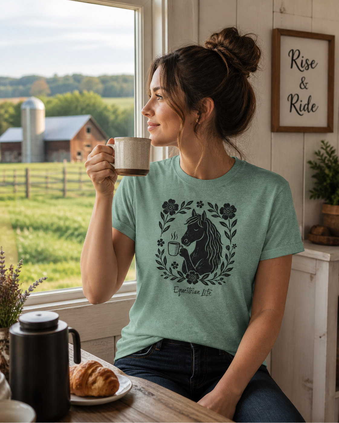 Equestrian Life Morning  Barn Coffee Horse Tee designed by Bricole Reincke