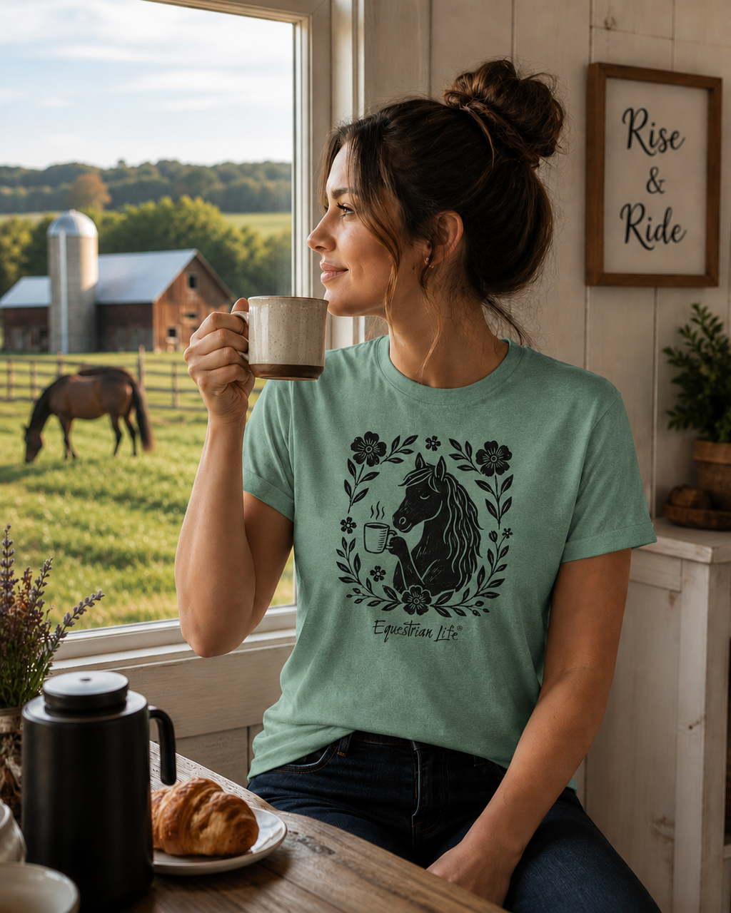 Horse Drinking Coffee Tee (Heather Mint)